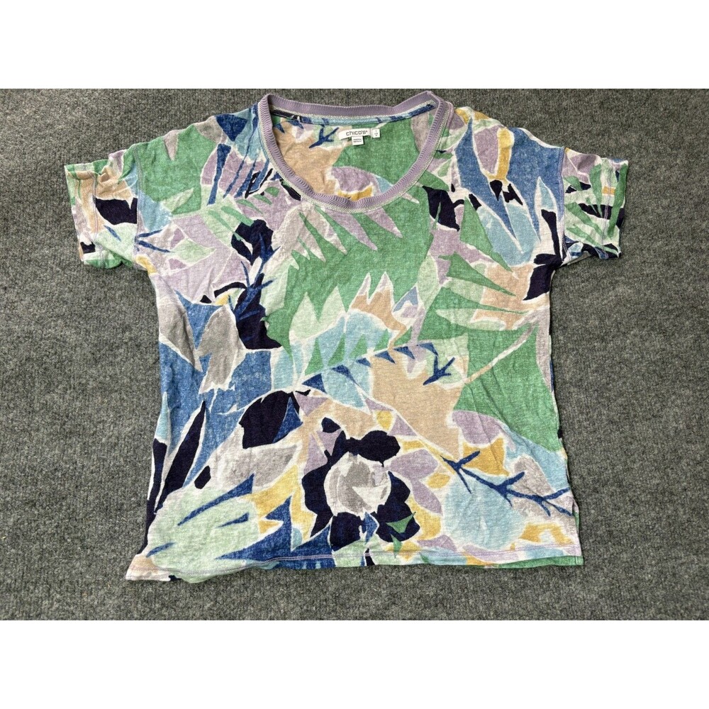 Chicos Top Womens Size 1 US Medium Colorful Short Sleeve Linen Shirt